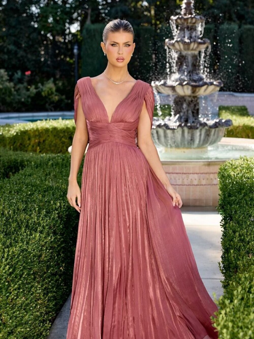 New Sienna Rose Pleated Chiffon Bridesmaid Dress w/ Draped Cape Sleeves CD413
